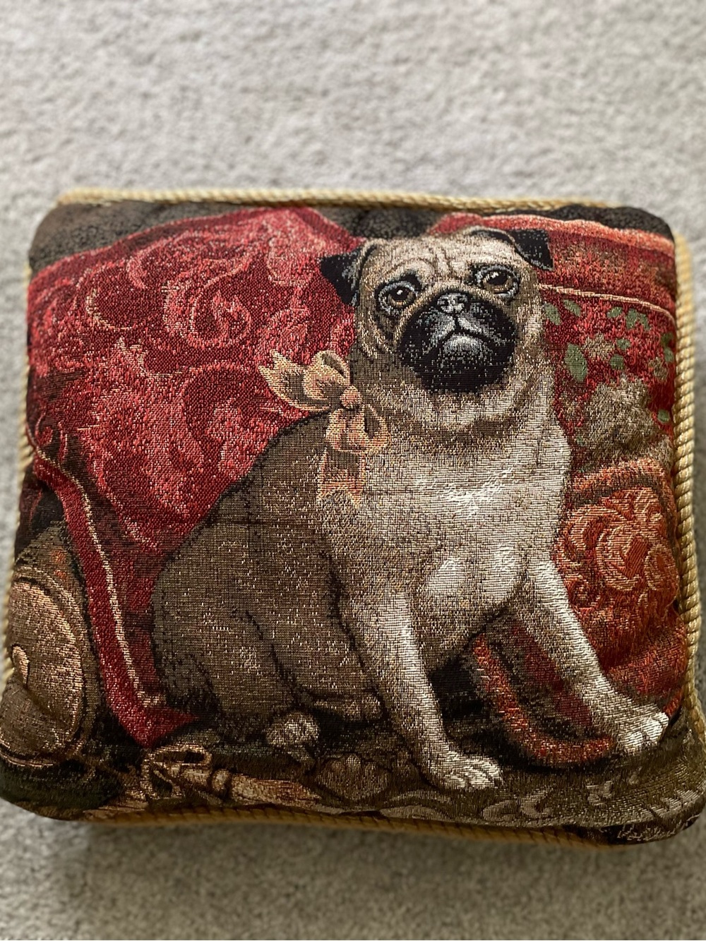 ~ La France Home Tapestry Pug Pillow with Brown Velvet Back ~